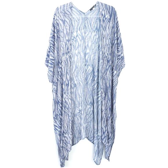 Final Touch Kimono Medium Open Front Long Length Blue White Swim Coverup Flowy - Picture 1 of 7